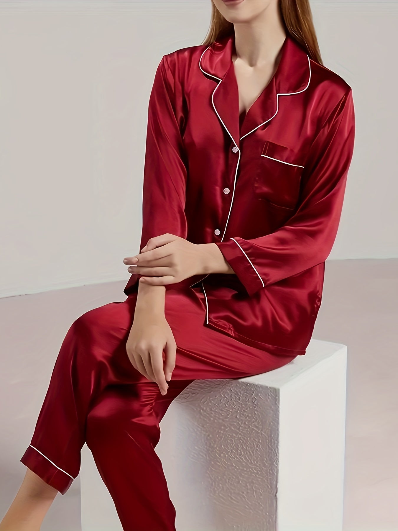 Solid Satin Lounge Set Long Sleeve Top & Pants Women's Loungewear