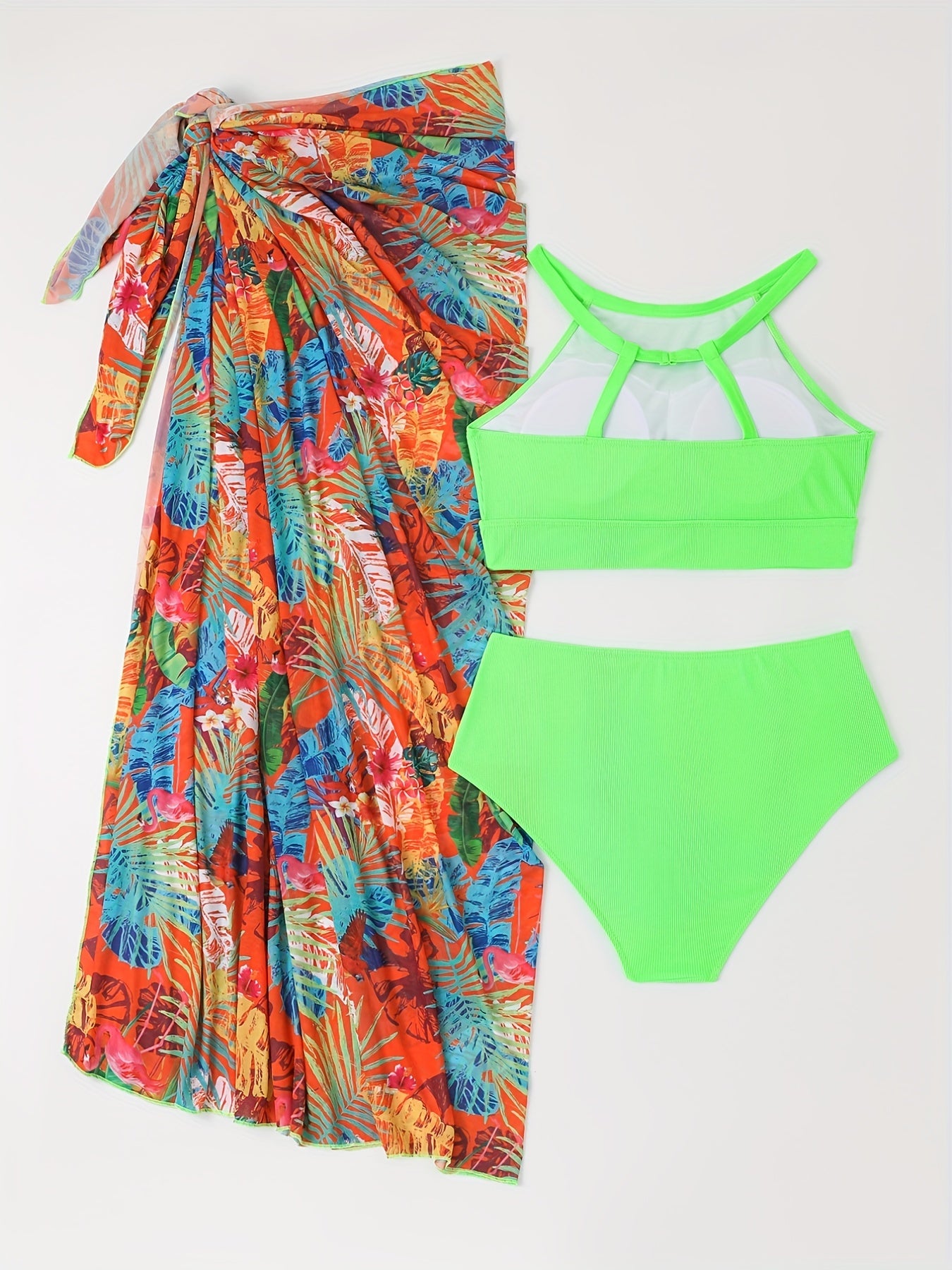 Ribbed Halter Bra Bikini Set with Cover Up Skirt