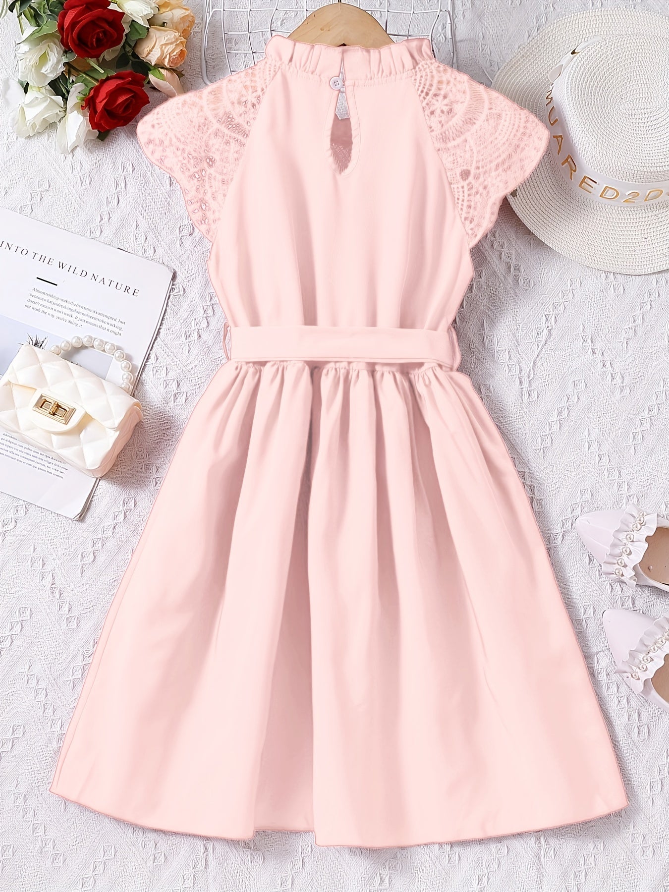 Girls Lace Princess Dress Frill Trim Neck Party Beach Vacation Summer Cloth