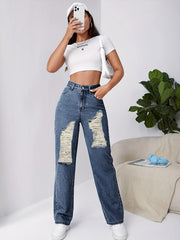 Ripped Holes Straight Jeans Loose Fit Slash Pockets