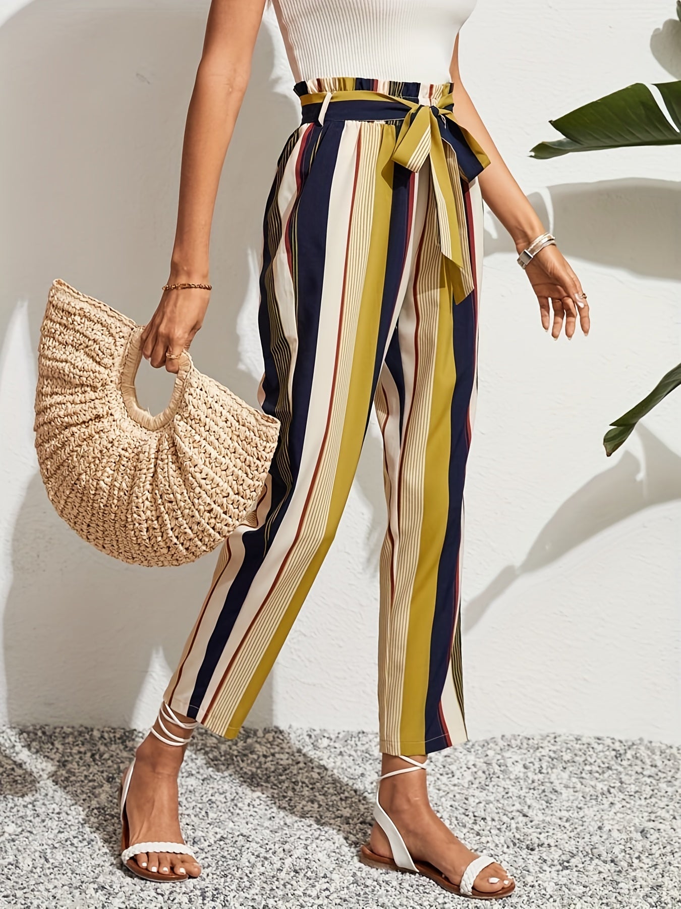 High Waist Belted Printed Casual Pants
