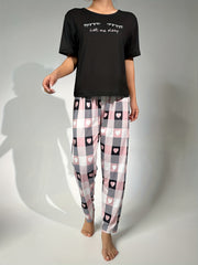 Letter Print Pajama Set Short Sleeve Top & Plaid Pants