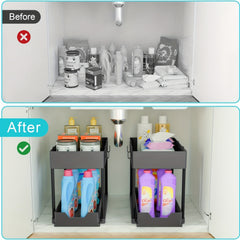 2 Tier Sliding Sink Organizer Rack Bathroom Kitchen Storage Hook