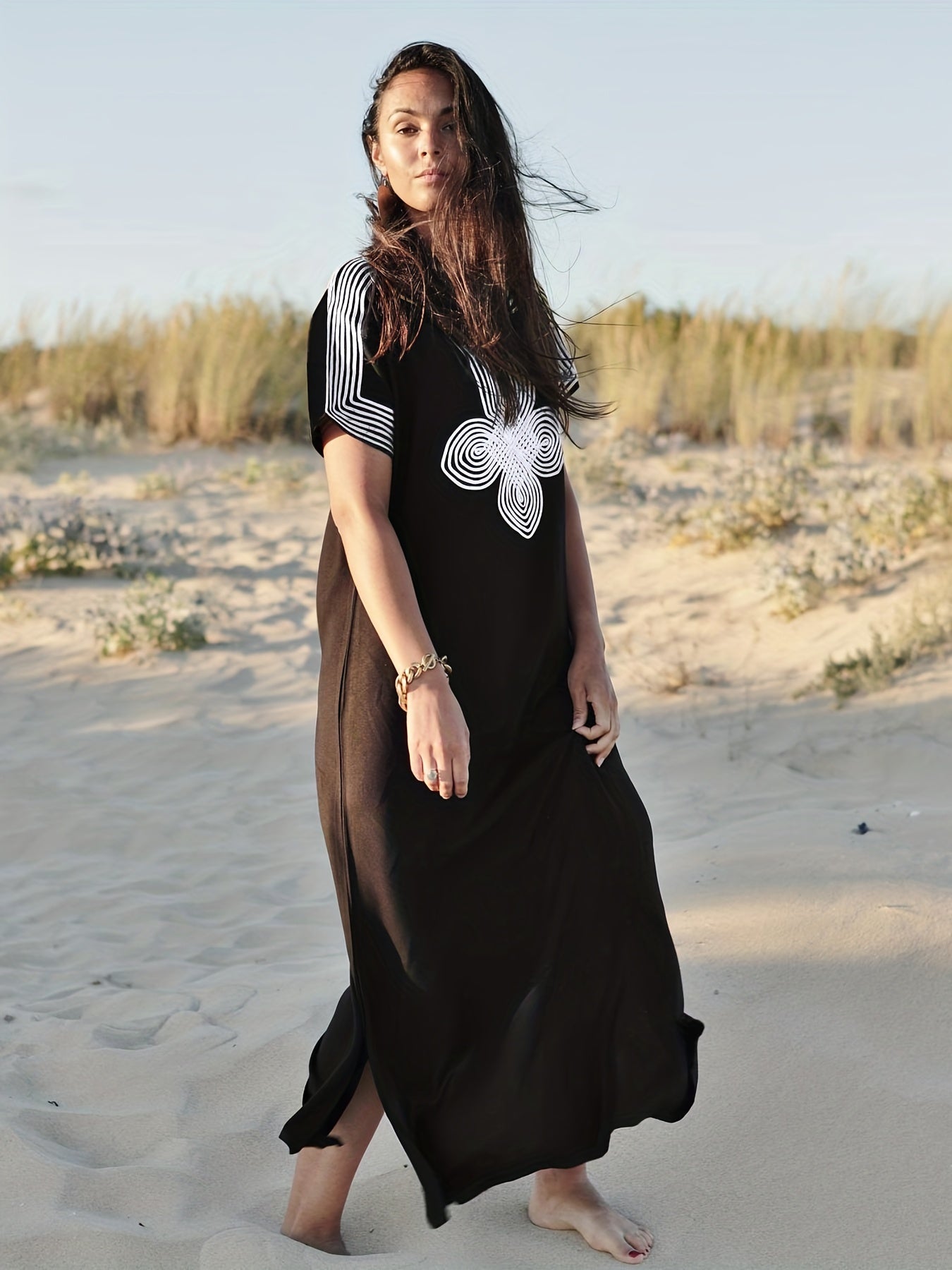 Boho Kaftan Dress Women's Plus Embroidered Beach Dress