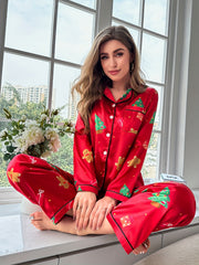 Christmas Print Pajama Set Long Sleeve Top & Elastic Pants Women's Sleepwear
