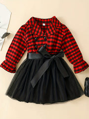 Girls' Plaid Double Breasted Tutu Dress For Christmas