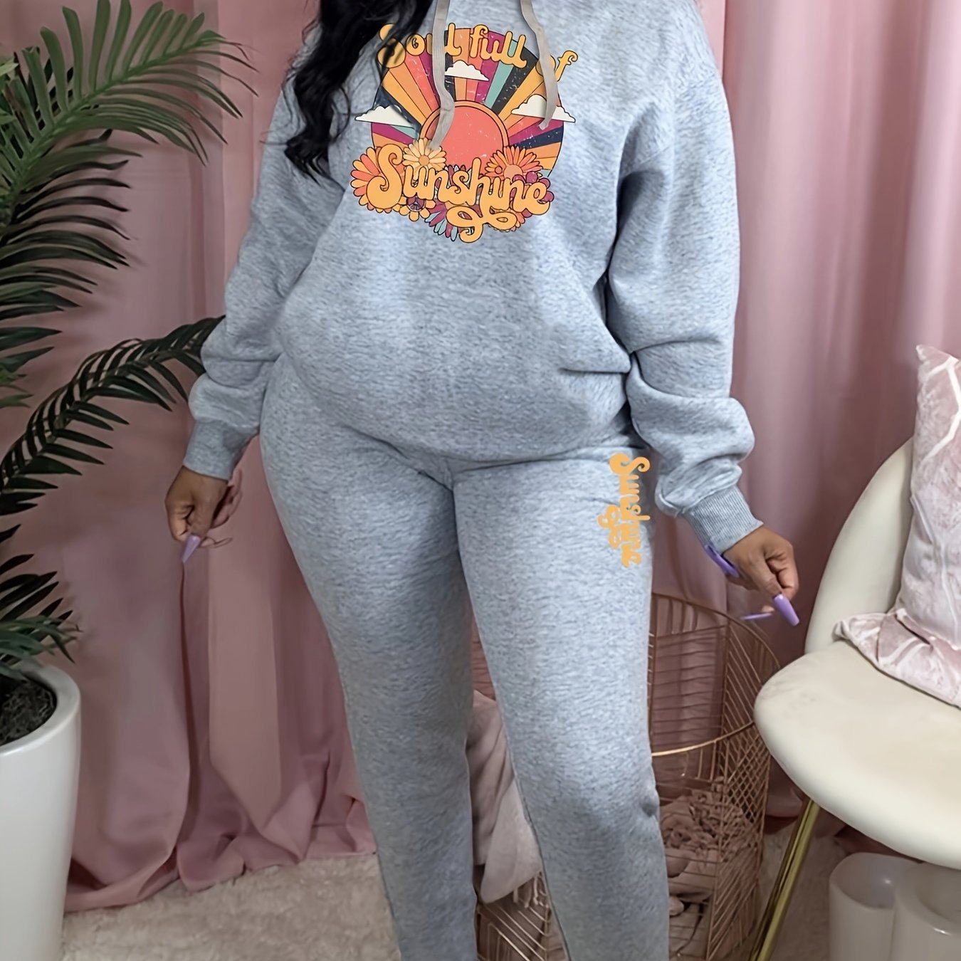 Women's Plus Sun & Daisy Print Hoodie & Sweatpants Outfits Set
