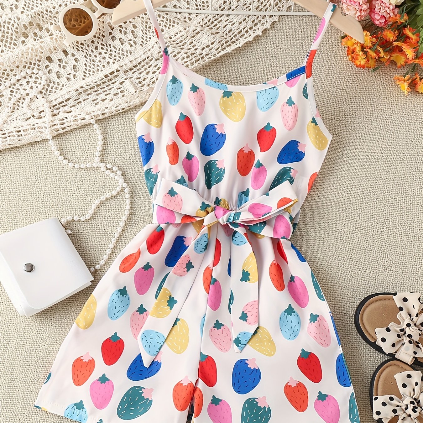 Girls Strawberry Print Suspender Jumpsuit Toddler Kids Summer