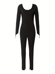 Solid Crew Neck Slim Jumpsuit Long Sleeve Backless for Spring & Fall
