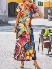 Peacock Print Split Dress Boho V Neck Maxi Dress Women's Clothing