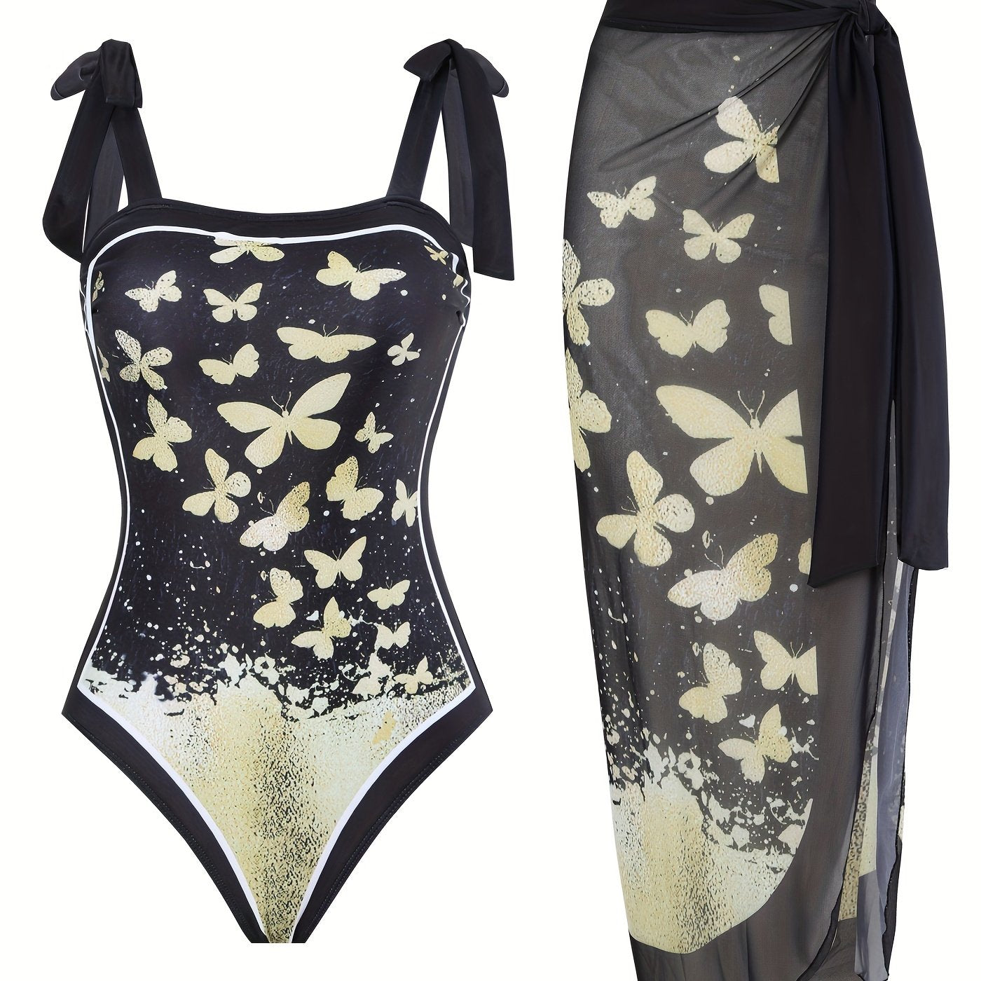 Butterfly Print One Piece Swimsuit & Wrap Cover Up Skirt 2 Piece Set