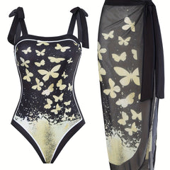 Butterfly Print One Piece Swimsuit & Wrap Cover Up Skirt 2 Piece Set