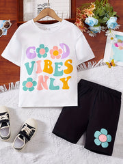 Girls Flower & Letter GOOD VIBES T-Shirt & Shorts Set