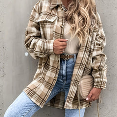 Preppy Button Plaid Drop Shoulder Jacket Casual Long Sleeve