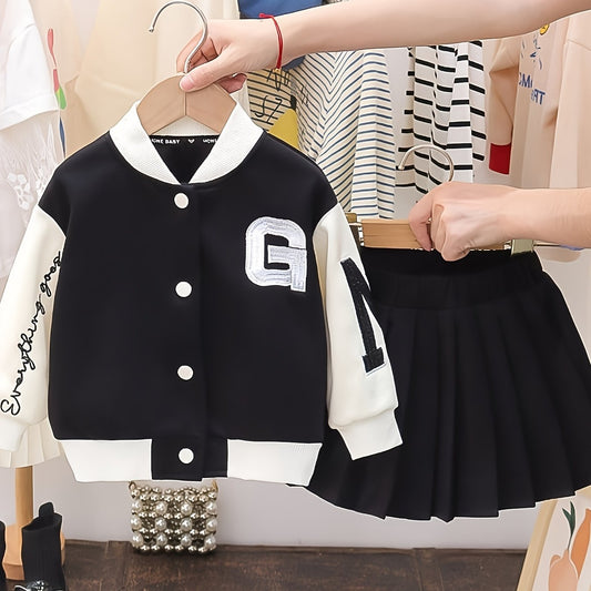 2pcs Girls Baseball Jacket and Pleated Skirt Set for Spring and Fall
