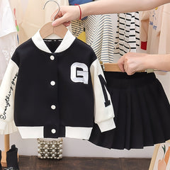 2pcs Girls Baseball Jacket and Pleated Skirt Set for Spring and Fall