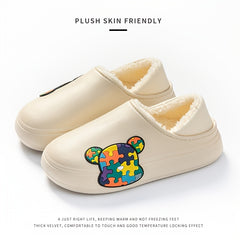 Colorful Bear Decor Slippers Faux Leather Plush Lined Shoes