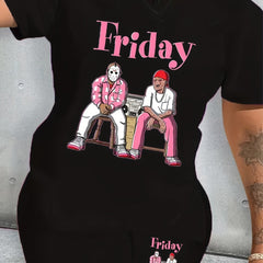 Cartoon Figure & Letter Print Top & Shorts Set