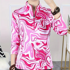 Striped Print Long Sleeves Sports Tee Quick Dry Half Zipper Mock Neck