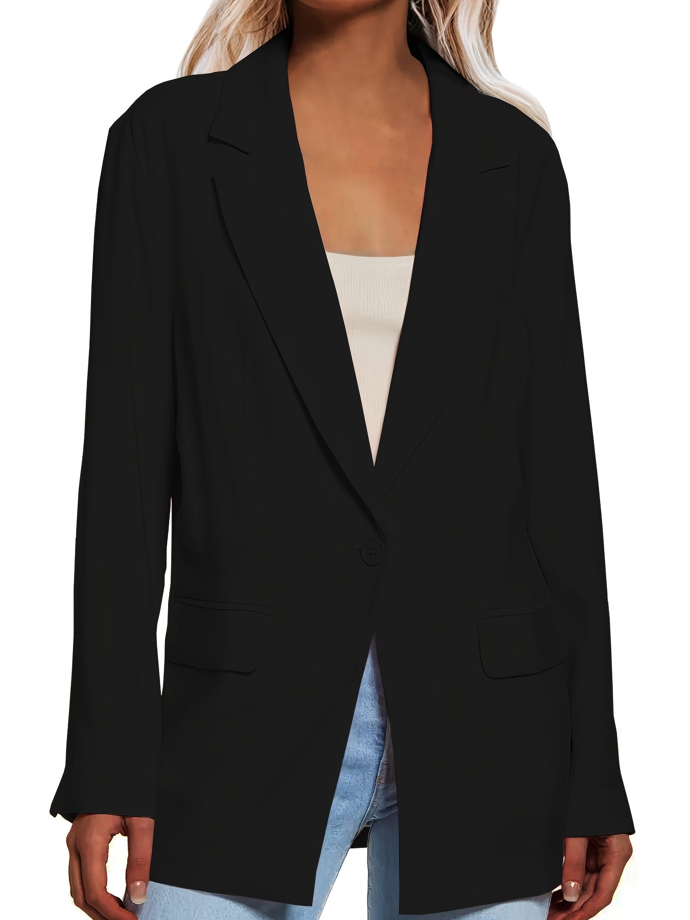 Solid Lapel Pockets Blazer Jacket Button Front Office Work Outerwear