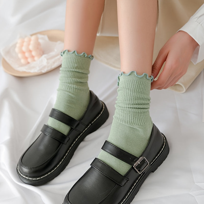 Solid Ruffle Quarter Socks For Women Retro Anklets Socks Gift