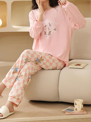 Cartoon Print Pajama Set Long Sleeve Top & Plaid Pants