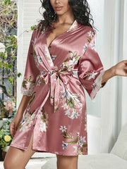 Floral Print Night Robe Lace Trim Long Sleeve Lounge Robe
