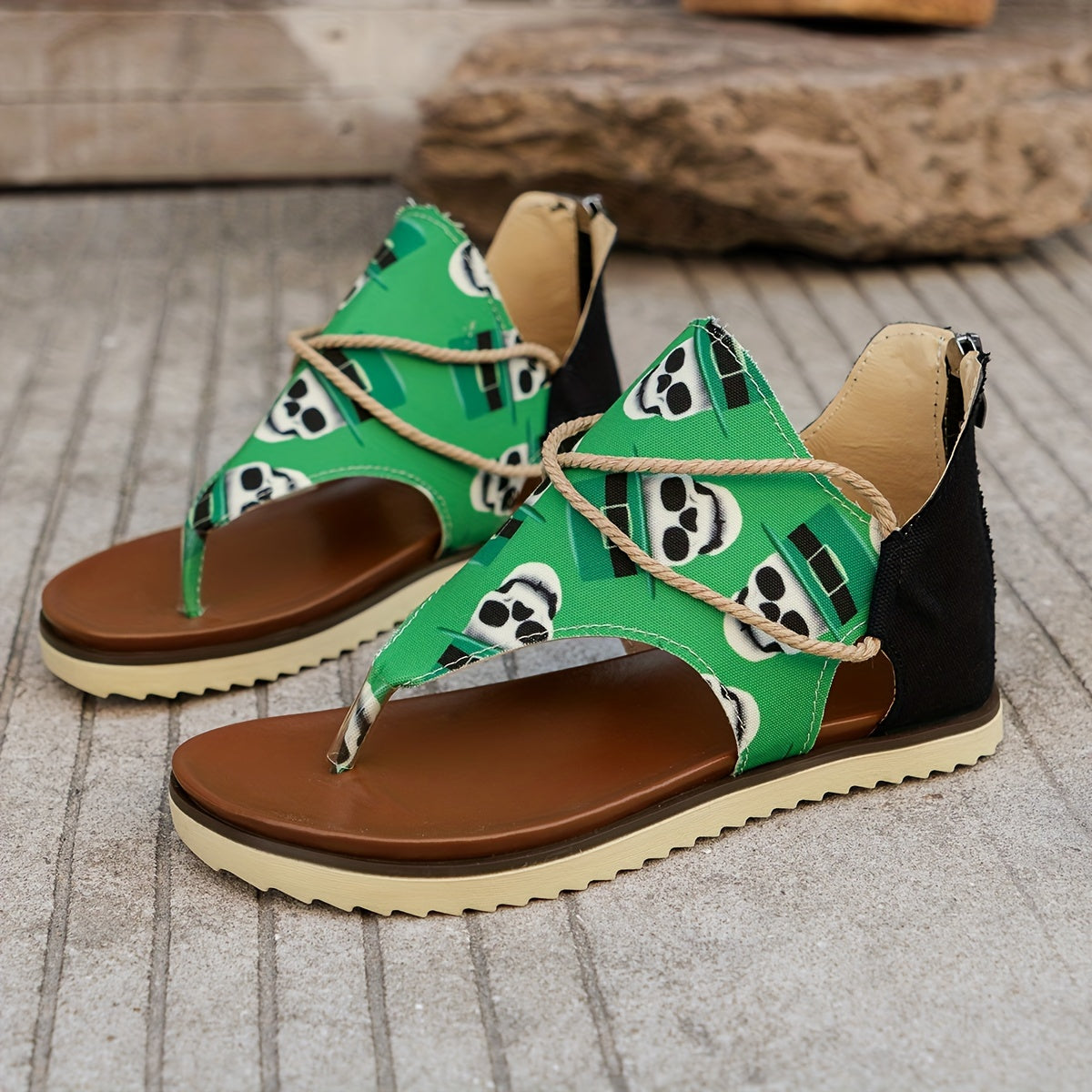 Women's Skull Pattern Thong Sandals Back Zipper Open Toe Retro Roman Flip flops