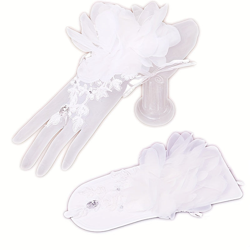 Red Bridal Gloves Short Flower Decorated