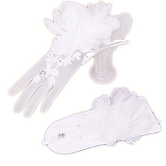 Red Bridal Gloves Short Flower Decorated
