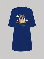 Owl Print Nightdress Short Sleeve Sleep Dress