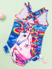 Toddler Girls Rainbow Unicorn One Piece Swimsuit Ruffle Trim