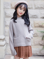 Girls 95 Cotton Ribbed Pullover With Pocket Knitwear