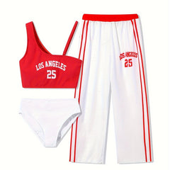 3pc Girls Splicing Letter Print Swimsuit Comfy Bathing Suit