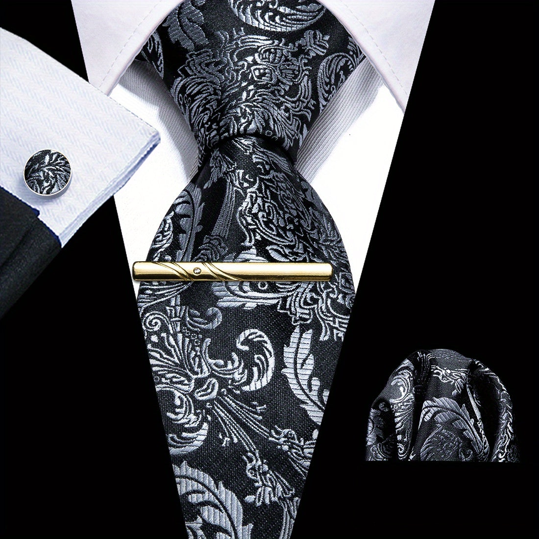 Barry Wang Black&White Floral Paisley Necktie Set