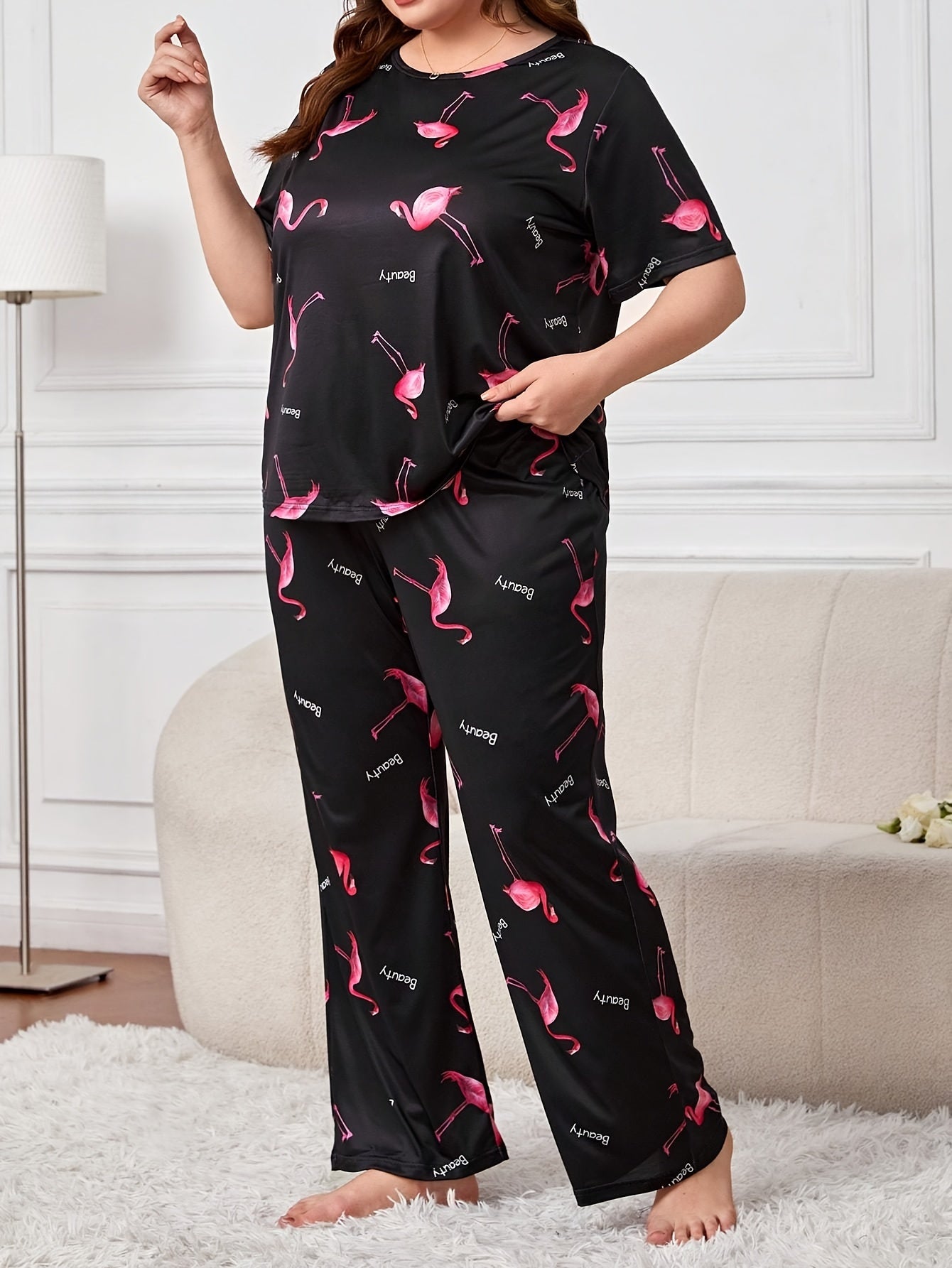 Flamingo & Letter Print Tee & Pants Lounge Set
