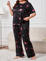 Flamingo & Letter Print Tee & Pants Lounge Set