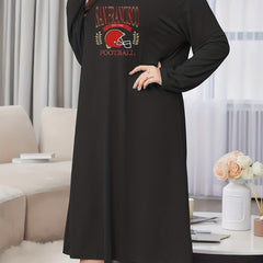 Lounge Dress Women's Plus Rugby Helmet & Letter Long Sleeve Nightdress