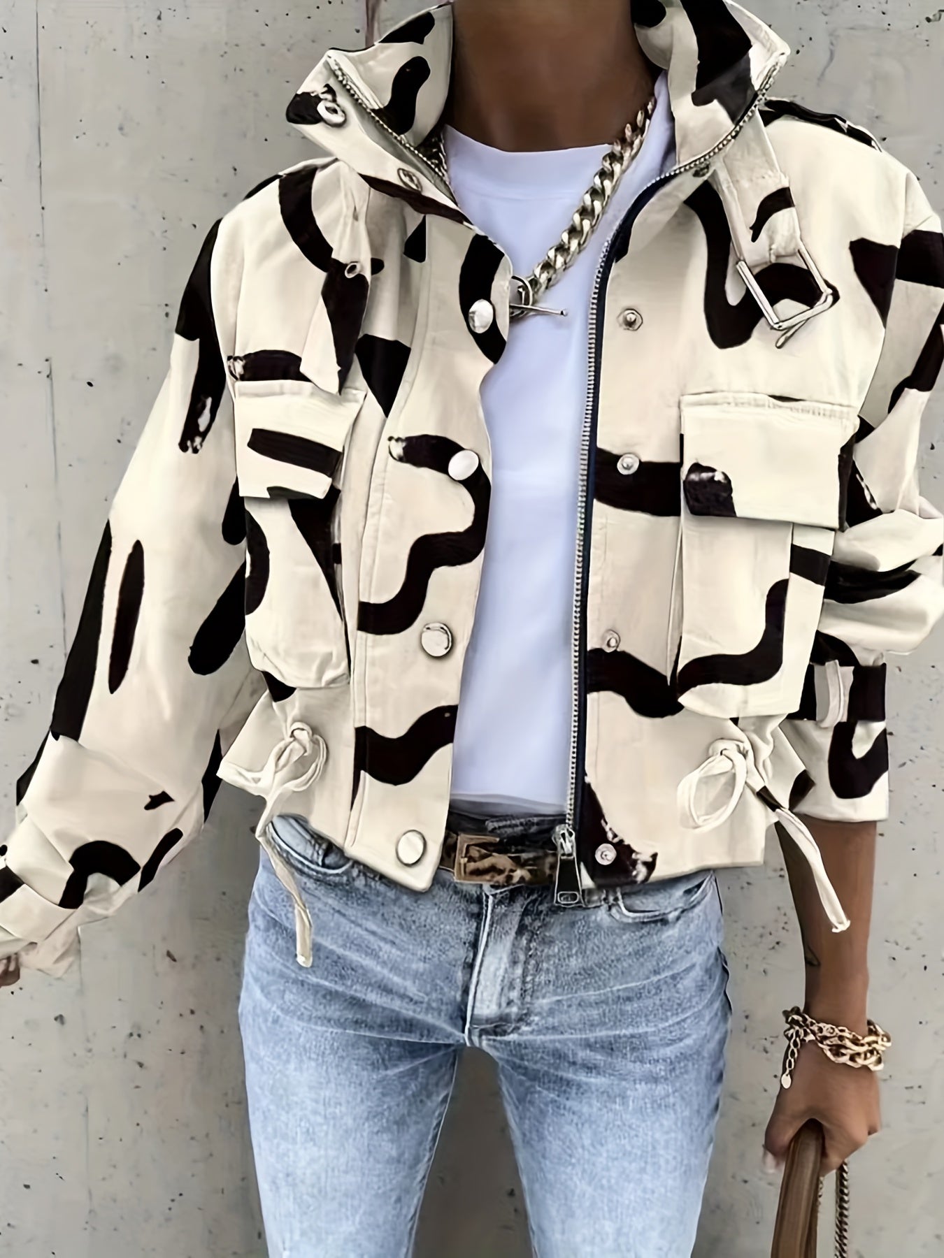 Brush Print Drawstring Crop Jacket Casual Zipper Coat