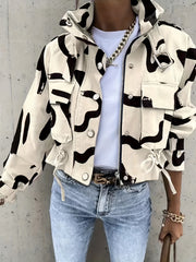 Brush Print Drawstring Crop Jacket Casual Zipper Coat