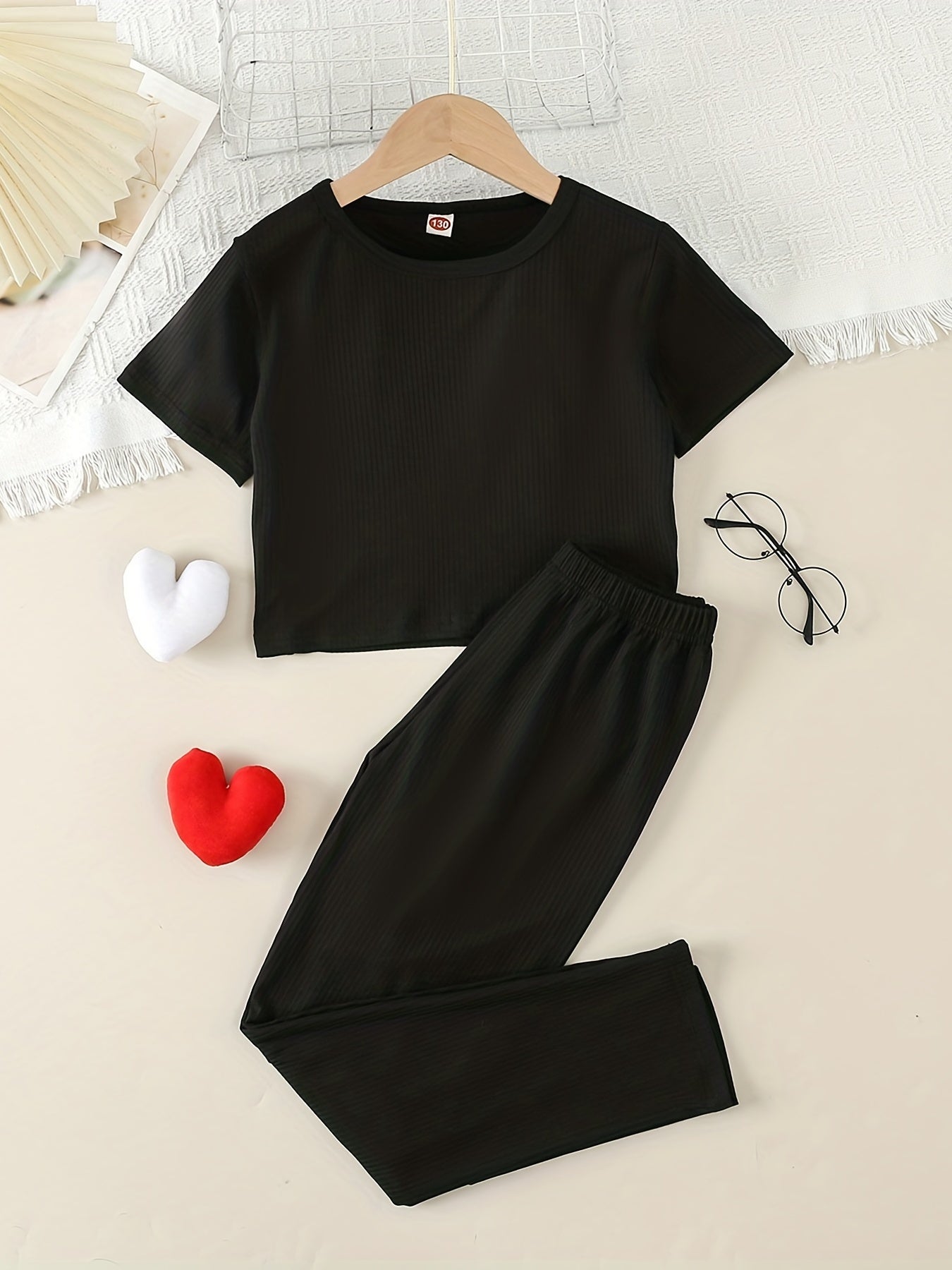 Girls 2pcs Outfits Solid Stripe Print T Shirt & Long Pants