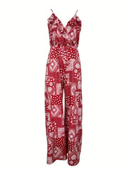 Floral Print Wide Leg Ruffle Trim Jumpsuit Boho Sleeveless Jumpsuit