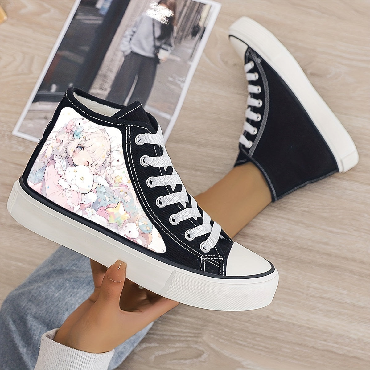 Anime Girl Print Plush Lined Thermal Chunky Canvas Sneakers