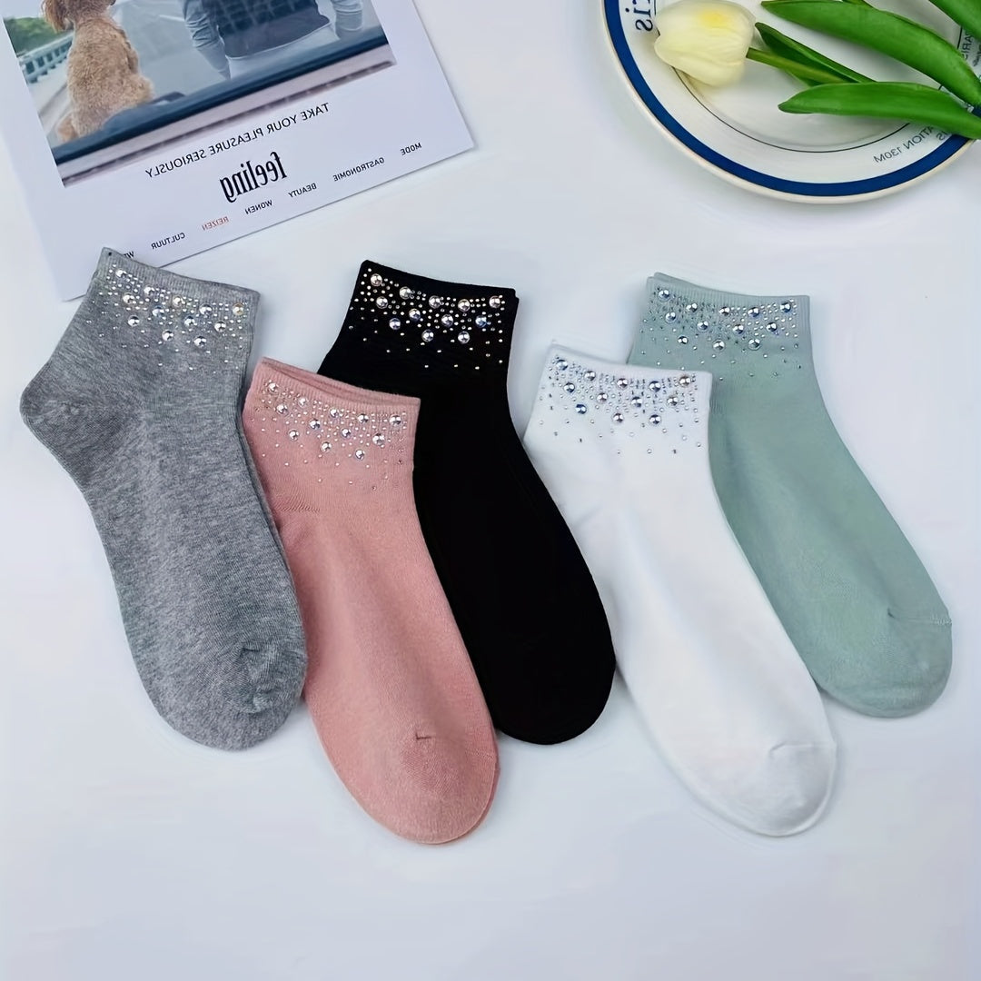 5 Pairs Rhinestone Decor Crew Socks for Women
