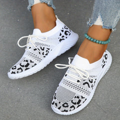 Women's Leopard Print Knit Sports Shoes Breathable Running Sneakers