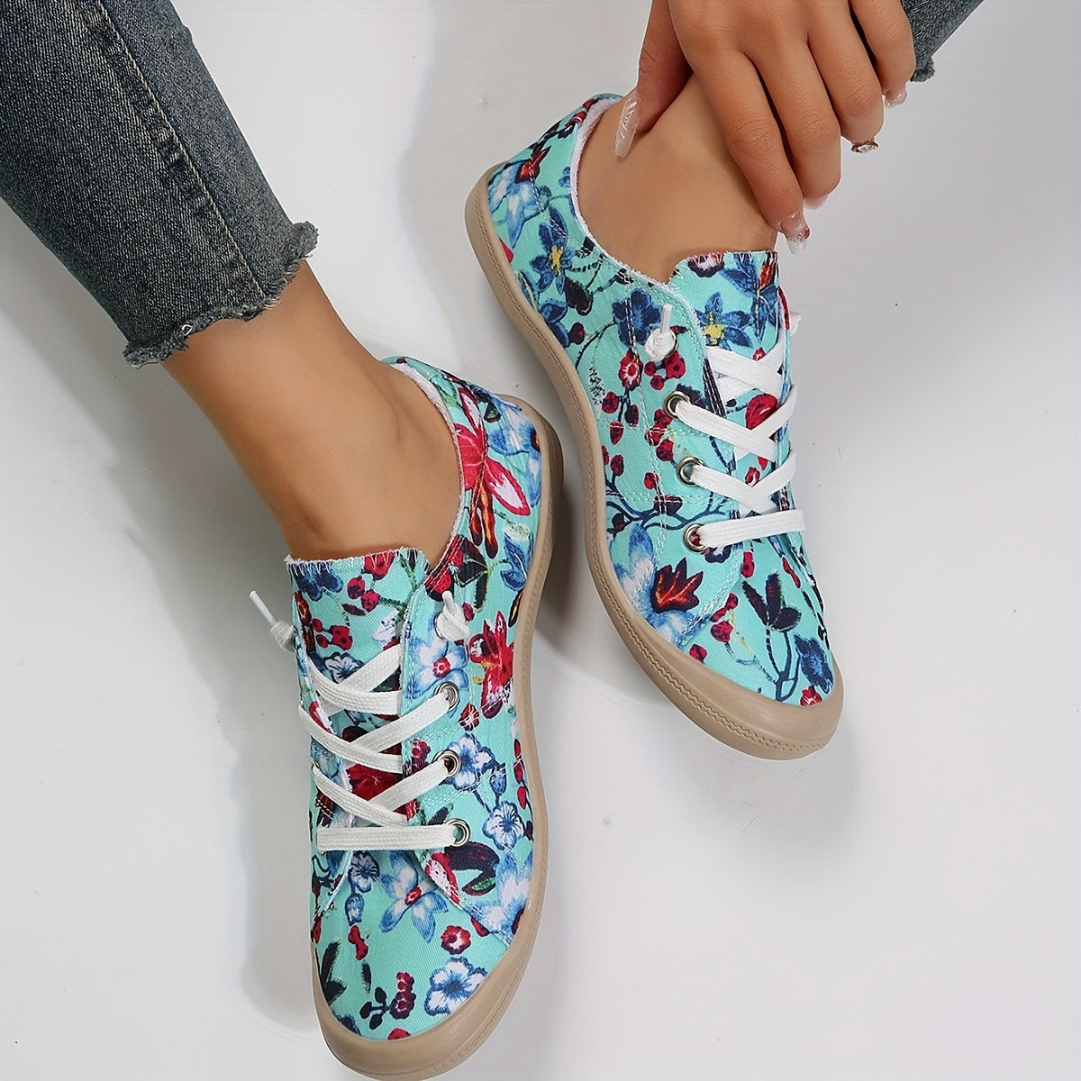 Floral Print Canvas Lace Up Flat Sneakers for Women
