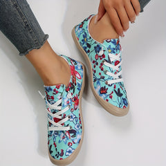 Floral Print Canvas Lace Up Flat Sneakers for Women