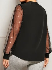 Blouse Women's Plus Solid Mesh Long Sleeve Top