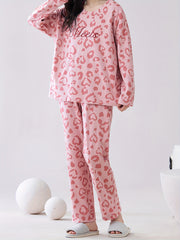 Leopard Print Pajama Set Long Sleeve Top & Elastic Waistband Pants