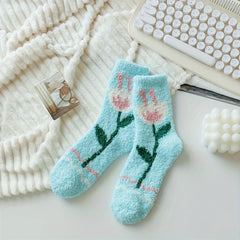 Floral Pattern Plush Socks Soft & Comfy Mid Tube Stockings